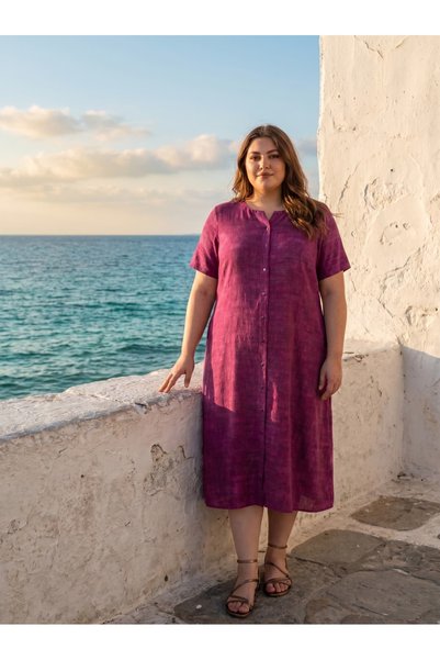 STORi Women's Plus Size Shirt Dress Viscose Fuchsia Buttoned Midi