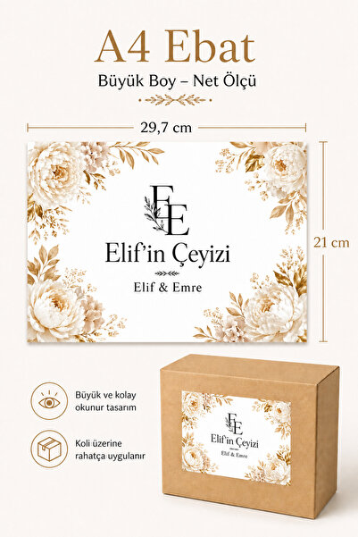 cabuk baskı İsme Özel Çeyiz Koli Etiketi 10 Adet A4 Ekru Çiçekli Gold Yatay Tasarım Gelin Çeyizi Etiketi