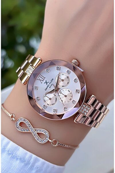 Daniel Klein Original Rose Color Cutting Glass Steel Cord Women Wristwatch wi...