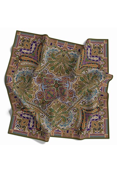 VİOLLA شال كريستال مزين بالكاكي - لون نيلي 90x90 وشاح (لا يحتوي على حرير) طري...