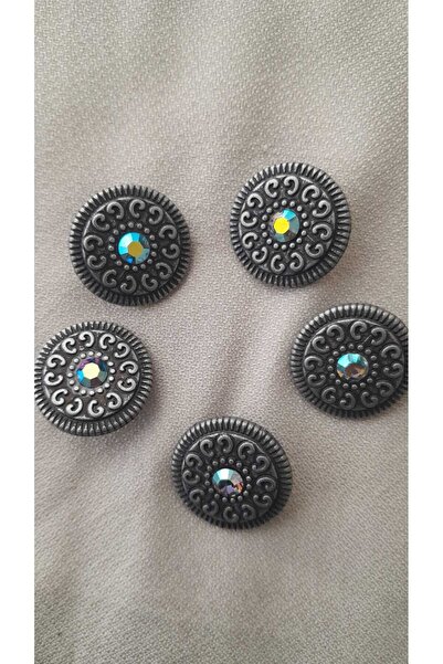ILCARE Antique Silver Plated Metal Button with Stone 24 mm 5 Pieces