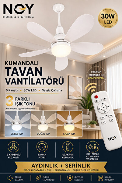 NOY Tavan Vantilatörü Işıklı Sessiz Kumandalı Ayarlı Işıklı