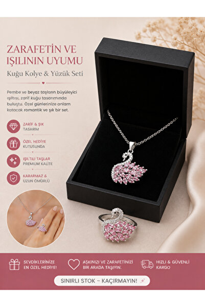 Selvica Kararmaz Çelik Pembe Kuğu Kolye ve Ayarlanabilir Pembe Kuğu Yüzük Set...