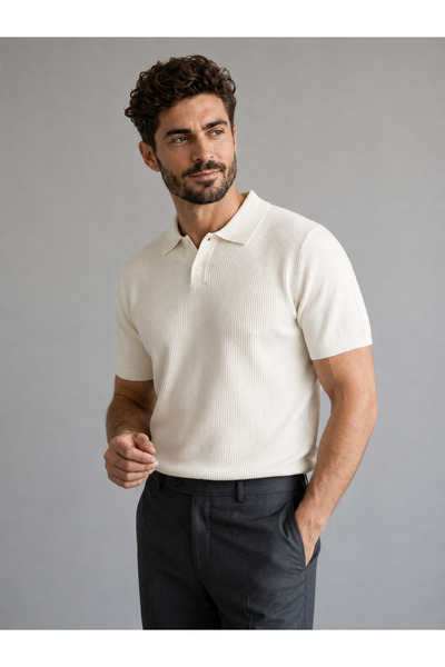 KAREL BUTİK Men's Slim Fit Buttoned Ecru Polo Collar T-Shirt