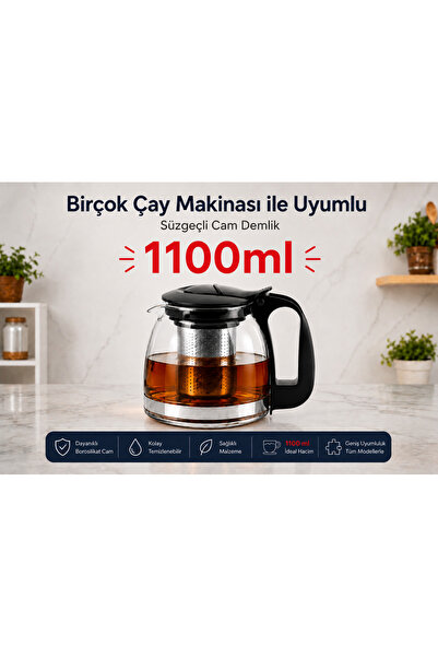 Kitchen Line Heat Resistant Black Color Glass Teapot with Strainer – Transpar...