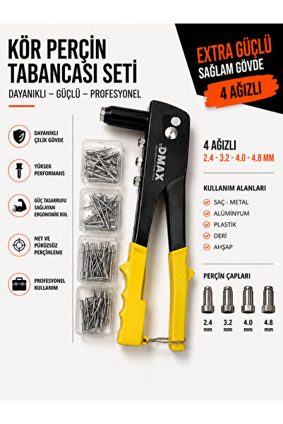 DMAX Perçin Tabanca Seti Profesyonel Pop Perçin Pensesi Metal Gövdeli Perçinl...