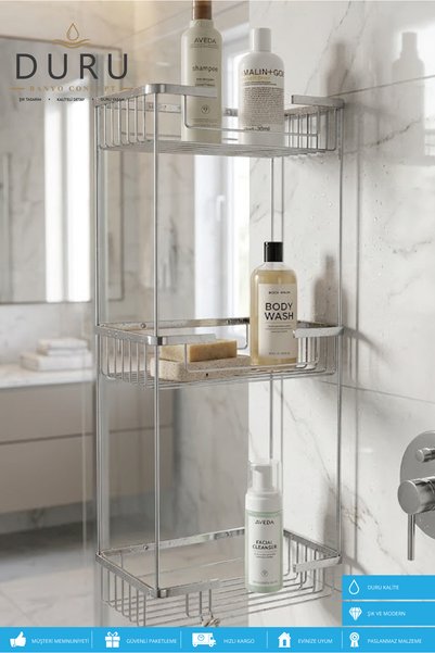 DURUBANYOCONCEPT PRİNÇ DİKDÖRTGEN KROM KAPLAMA BANYO RAFI ŞAMPUANLIK ÜÇ KATLI