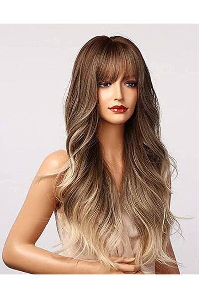 OEM Light brown wig with highlights, long synthetic wavy hair, ash grey ombre