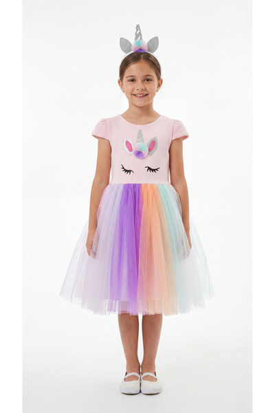 Mışıl Kids Unicorn Baskılı Tüllü Taçlı Kız Çocuk Elbise