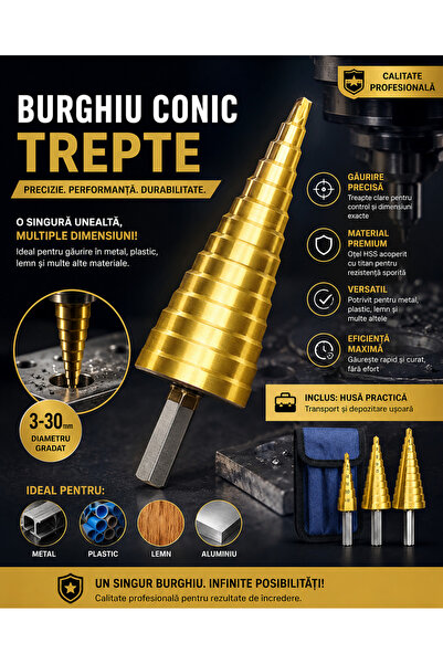 Bigstren Set 3 freze conice titan cu cutie, 4-12/20/32 mm, pentru metal, lemn si plastic