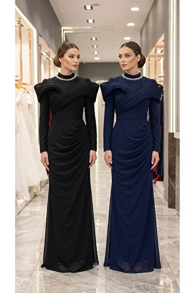 Canan tesettür Kadın Drape Ve Gren Detaylı Yakası Taşlı Tesettür Abiye Elbise