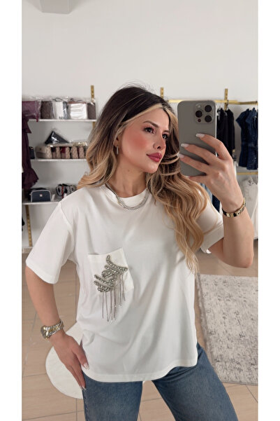 DENİZ Taşlı Modal Kumaş Sarkıntılı Taş Hello Yazılı Bluz