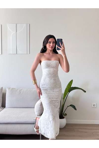 Zoom Butik Kabartma Desen Straplez Elbise - BEYAZ