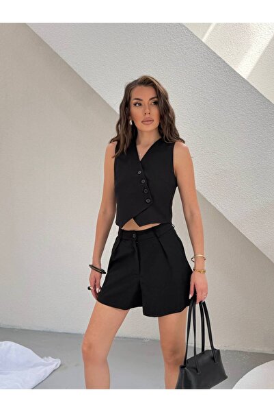 LOKADI Women's Brown / White / Black Asymmetrical Buttoned Vest and Shorts At...