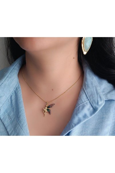 shop 316L Steel Fairy Figured Butterfly Winged Women's Necklace with Zircon Stone Gold Chain Elegant Design Necklace