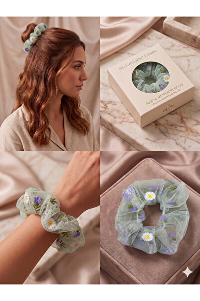 Aselaksesuarr Zarif Çiçek Nakışlı Tül Kumaş Scrunchie Lastik Toka Farklı Renk...