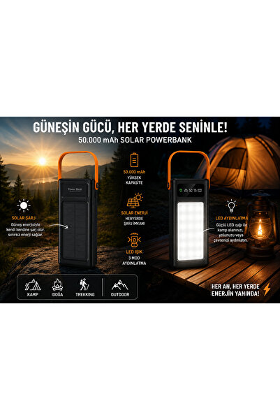 Zoli 50.000 mAh Solar Powerbank LED Fenerli Taşınabilir 22,5w Hızlı Şarj Ciha...