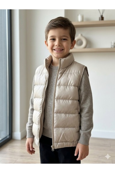 Motebarn Wear Boy's Beige Stand Collar Shiny Inflatable Puffer Vest