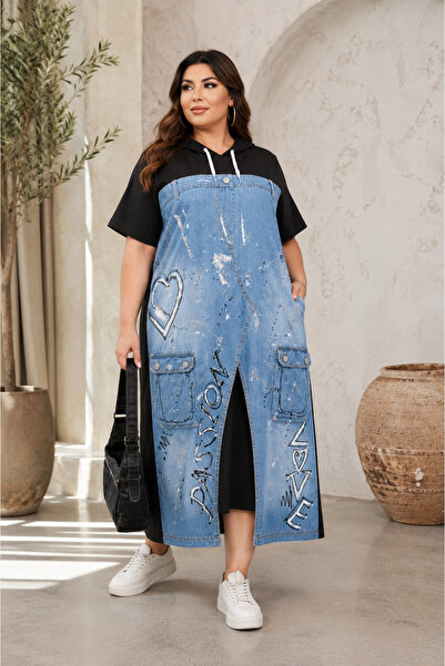 lavelina Plus Size Oversize Hooded Short Sleeve Denim Trim Asymmetrical Cut W...
