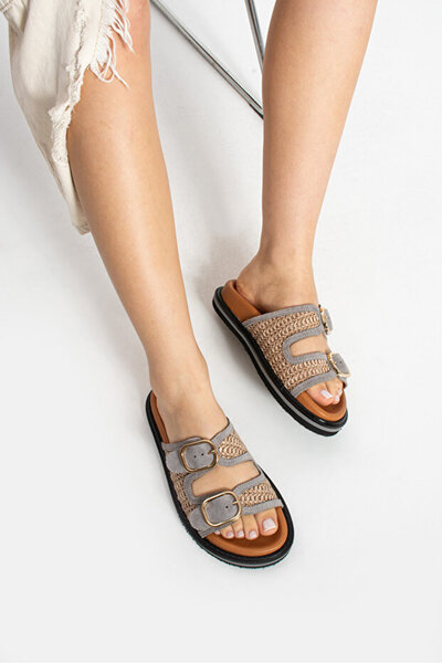 Bermody Klein Leather Women's Straw Weave Double Buckle Smoked - Gray Slippers