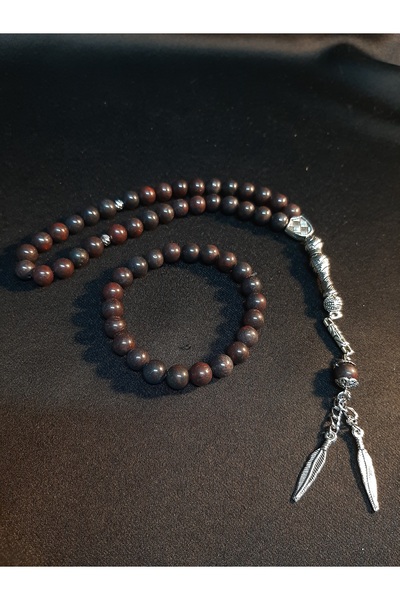 MRYart Red Tiger's Eye Natural Stone 33mm Prayer Beads and Bracelet