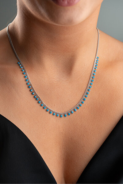 Silvano Jewelry 925 Ayar Gümüş Rodyum Kaplama Turkuaz Taşlı Model Kolye
