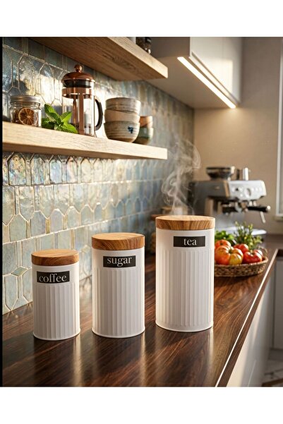 Buğra Home BAMBU KAPAK GÖRÜNÜMLÜ BEYAZ 3'LÜ ŞEKER&ÇAY&KAHVE SETİ