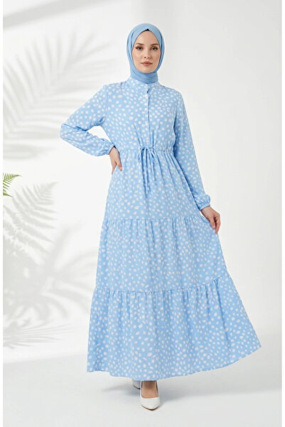 sefamerve Lace-up waist polka dot layered dress 0284-04 blue