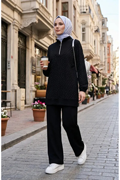 sefamerve Oysho Fabric Stone Zippered Tunic Pants Double Set 0282-01 Black
