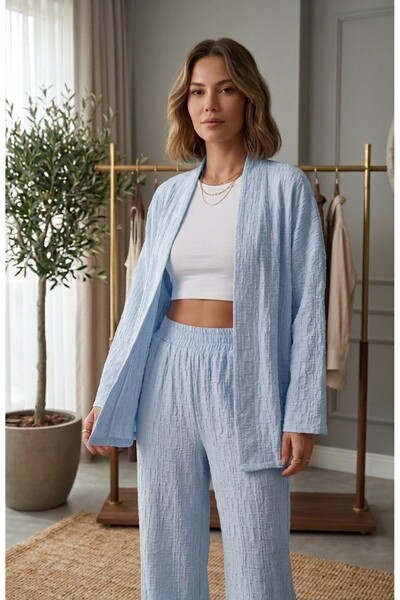 Crinkle Kumaş Kendinden Kırışık Rahat Kimono Takım