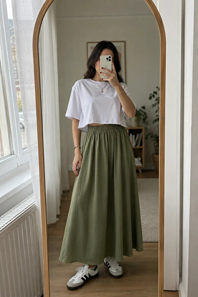 LUXINA GİYİM Kadın Haki Poplin Kumaş Uzun Etek Beli Lastikli Günlük Maxi Etek...