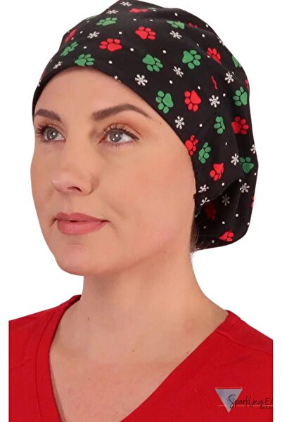 Other Long Hair Surgical Scrub Cap - Paws Dashing Through the Snow, Black (21...