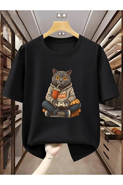 Sovae Men's pure cotton T-shirt with game and pizza cat print.