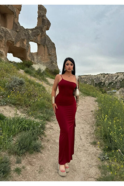 kırmızı butiks Burgundy Off-The-Shoulder Single Slit Dress