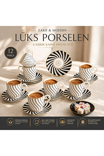 Luna Gold Black and White Patterned Porcelain Coffee Cup Set for 6 12 People