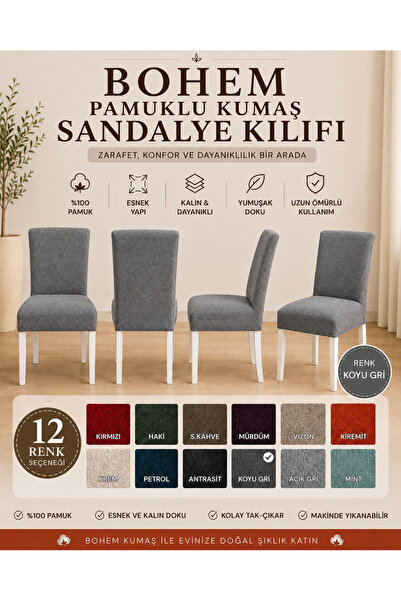 İLYEVTEKSTİLİ Bohem Pamuklu Esnek Standart Sandalye Kılıfı, Yıkanabilir, Doku...