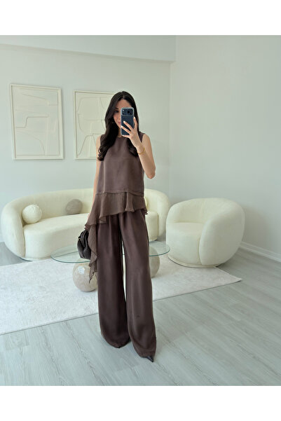 LUUNA STORE Brown Garnished Blouse Set