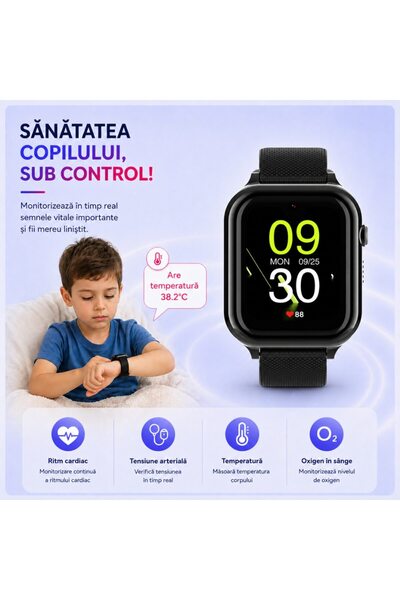 Techone Ceas Smartwatch Copii KT38, 900 mAh, GPS, Super AMOLED, 4G LTE, Apel video, Camera HD, SOS, Negru