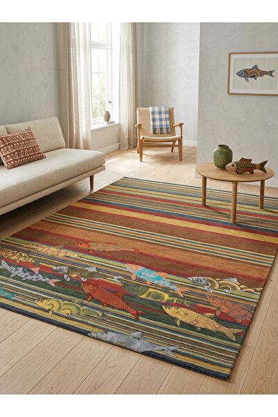 Rugs Modern Halı SDT Modern Sanat Esintili Balık Figürlü Kiremit ve Hardal Çi...
