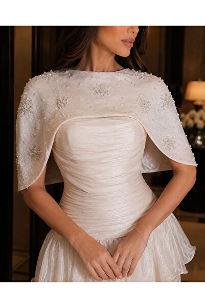 BROOKLYN STYLE Shiny Beaded Midi Evening Dress with High-End Cape Top