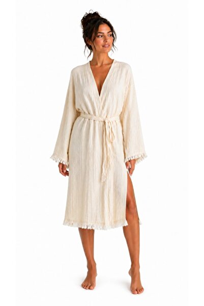 Mulberry Natural Touch Muslin Kimono Bathrobe – Tassel Detailed Slit Spa & Be...