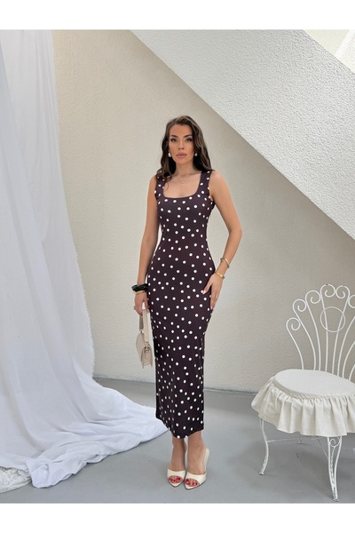 LE CARAMBOLE Women's Brown Square Neck Polka Dot Dress