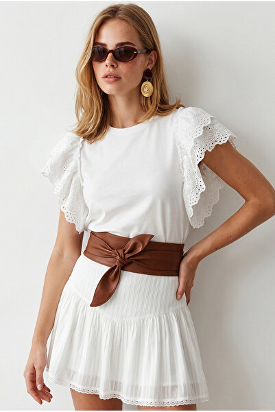 Olalook Women's White Cotton T-Shirt with Scallop Detail on the Shoulder Tsh-...