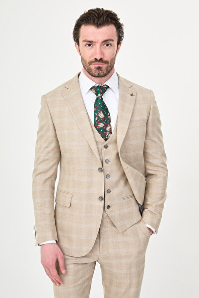 Mcr Plaid Slim Fit Mono Collar Classic Men's Suit Beige - 45470.26Y