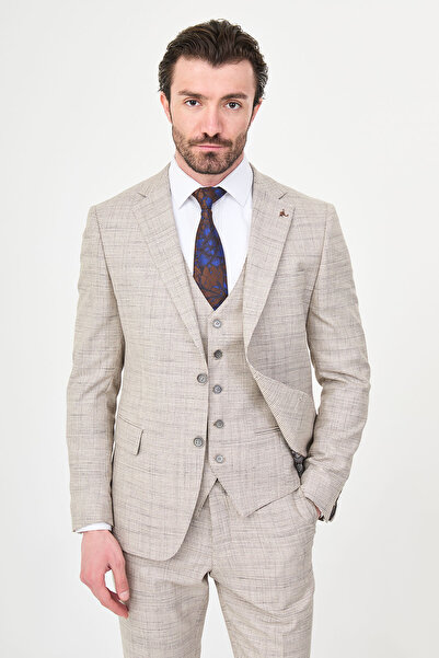 Mcr Plaid Slim Fit Mono Collar Classic Men's Suit Brown - 45465.26Y