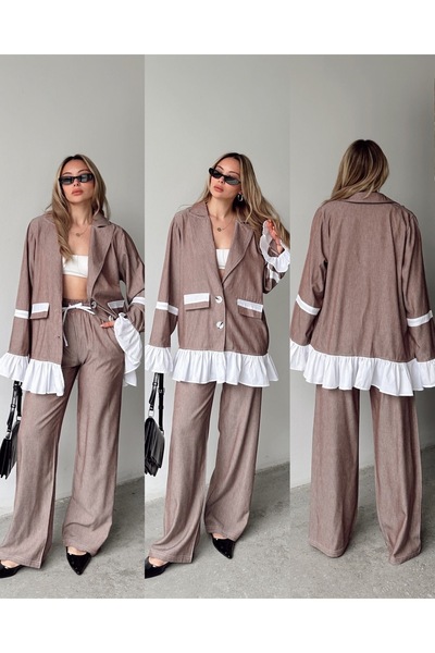 PELTEX Ruffle Detailed Shirt Jacket Elastic Waist Pants Two-Piece Set