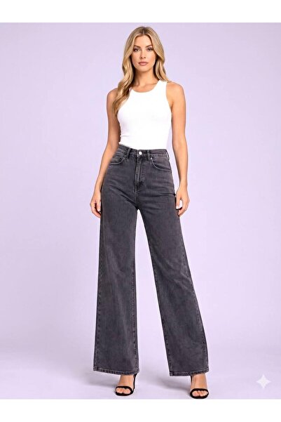 HACKER DENIM Kadın Füme Yüksek Bel Geniş Paça Wide Leg Likralı Jean Pantolon