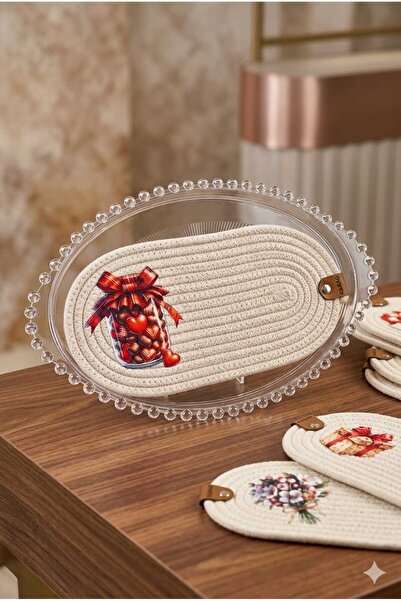 Betülce Acrylic Beaded Oval Tray and Cotton Rope Supla Double Presentation Set