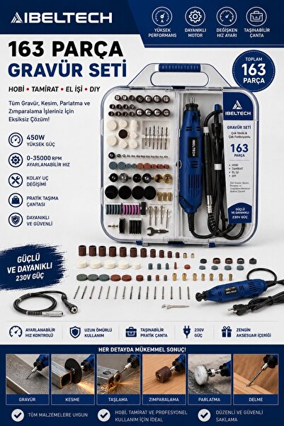 İBELTECH Blue Series 163 Parça Profesyonel Gravür Motoru Seti 35000RPM