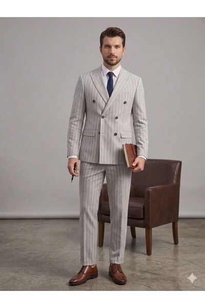 centilmen Seli̇m Havan Men's Modern Fit Striped Double-Breasted Jacket 0014